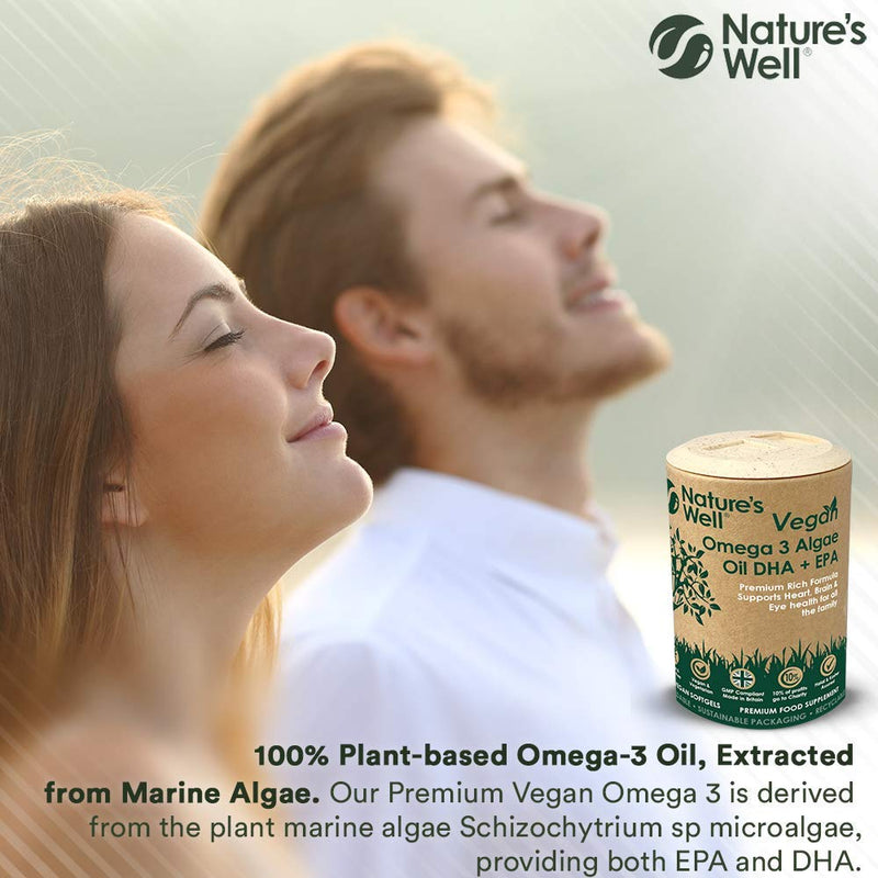 Vegan Omega 3 Algae Oil DHA + EPA, High Concentrate, 60 Vegetarian Capsules, from Sustainable Plant Based Alternative to Fish Oils, Halal & Kosher � Made in The UK by Nature�s Well (Pot) 60 Count (Pack of 1) - BeesActive Australia