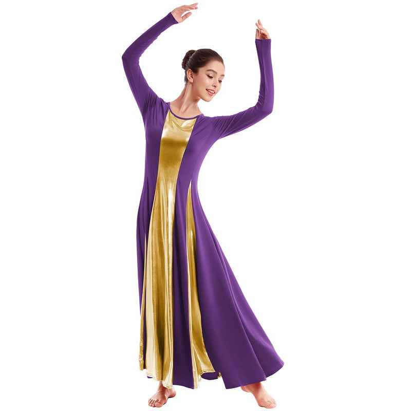 [AUSTRALIA] - OwlFay Metallic Praise Dance Dress for Women Color Block Liturgical Full Length Swing Gown Ruffle Tunic Circle Skirt Costume Medium Purple 