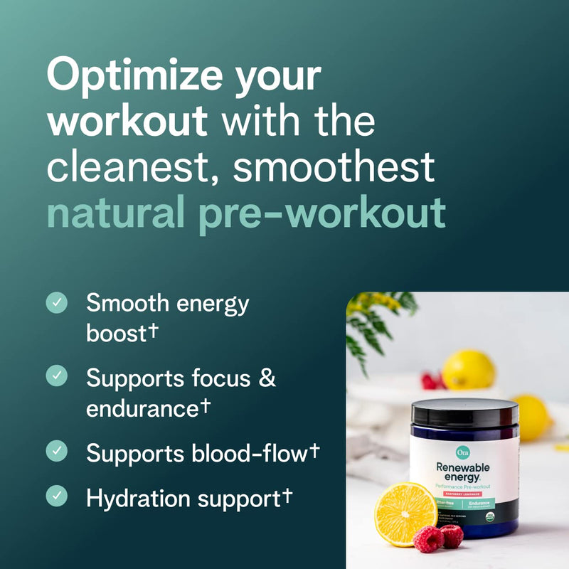 Ora Organic Natural Pre Workout Powder - Raspberry Lemonade Flavor- Provides Jitter Free Energy, Focus, Hydration, & Endurance - Vegan, Certified Organic, Soy, Dairy, & Gluten Free, 20 Servings - BeesActive Australia