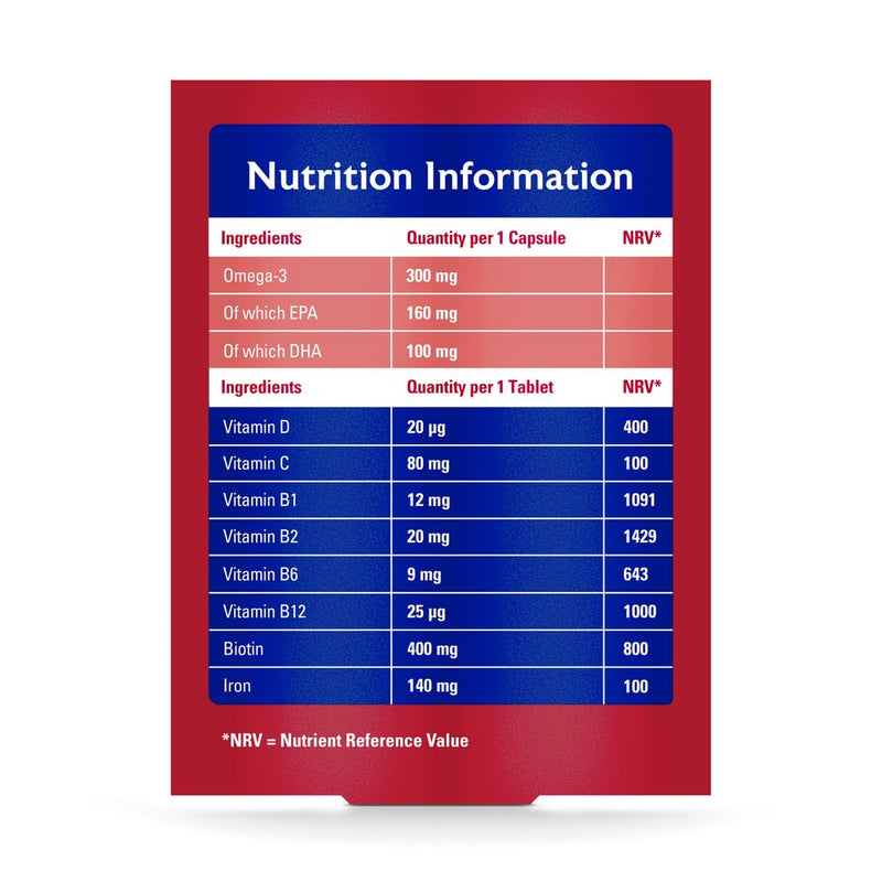 Seven Seas Omega-3 & Multivitamins Woman, With Biotin and Iron, 30-Day Duo Pack, 30 Omega-3 Capsules and 30 Multivitamin Tablets - BeesActive Australia