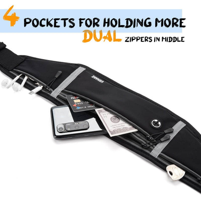 USHAKE Slim Running Belt, Workout Fanny Pack for Men Women,Exercise Waist Pack for Apple iPhone Holder, Runner Belt for Running Walking Cycling Camping Gym black/4 grey zippers - BeesActive Australia