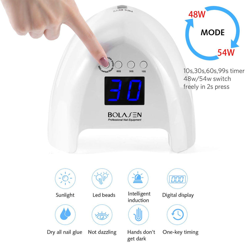 LED Nail Lamp, BOLASEN 54W Nail Dryer, Led Gel Nail Polish Light for Quick Drying, Dual Light Source for LED Gel Polish, with 4 Timer 10s,30s,60s,99s/Automatic Sensor/Large LCD Display - i6 PLUS - BeesActive Australia