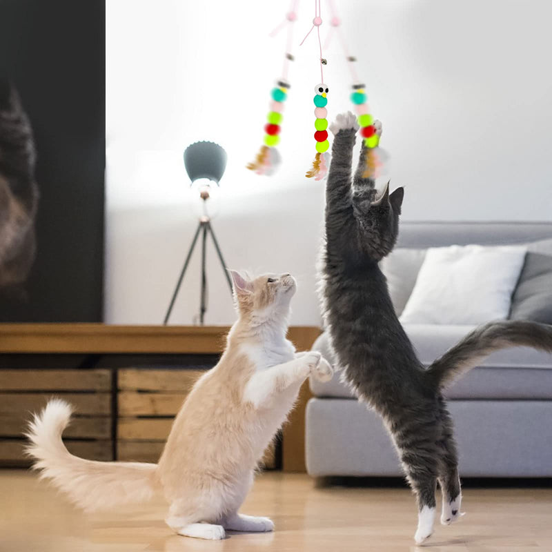 WishLotus Interactive Cat Toys, 2 PCS Retractable Hanging Door Self-Playing Cat Feather Toy, Soft and Cute Caterpillar Shaped Cat Toy with String, Sticky Hook and Bell for Cat Playing and Killing Time A - BeesActive Australia