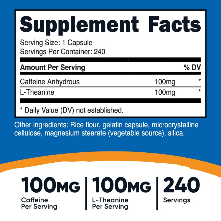 Nutricost Caffeine with L-Theanine, 100mg of Each, 240 Capsules, 240 Servings - Non-GMO and Gluten Free - BeesActive Australia