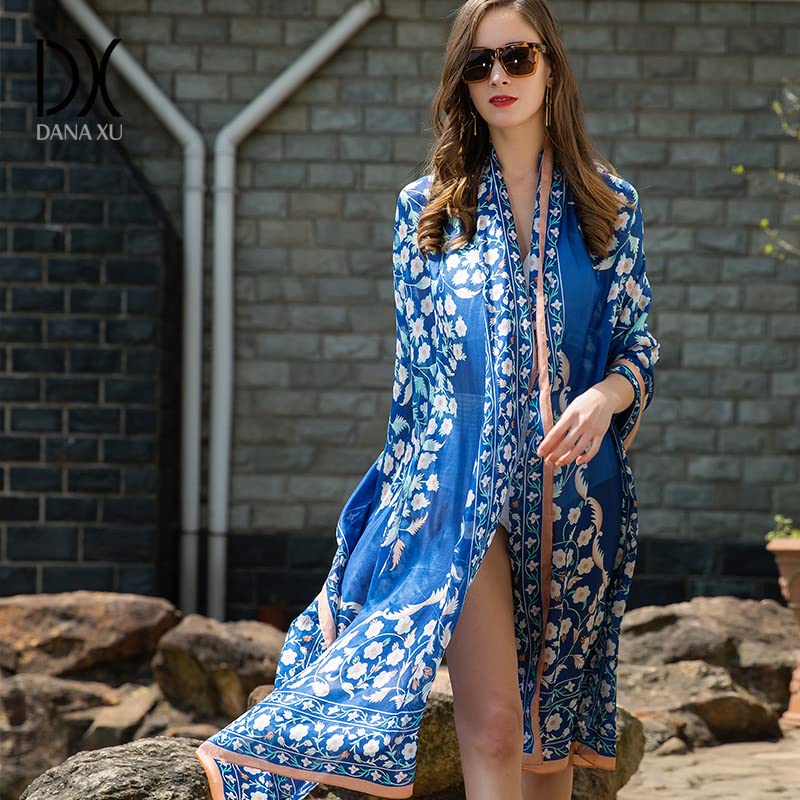 DANA XU 100% Mulberry Satin Silk Summer Travel Scarf Extra Large Women Floral Shawl Oversize Soft Wraps For Evening Dresses A 11 Blue - BeesActive Australia