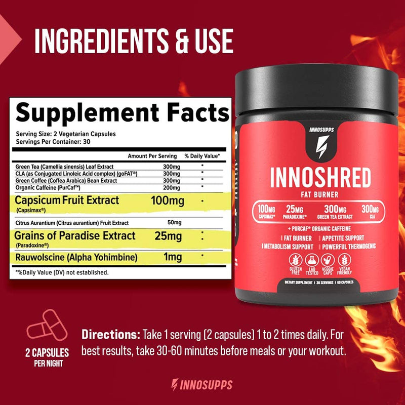 Inno Shred - Day Time Fat Burner | 100mg Capsimax, Grains of Paradise, Organic Caffeine, Green Tea Extract, Appetite Suppressant, Weight Loss Support (60 Veggie Capsules) | (with Stimulant) - BeesActive Australia