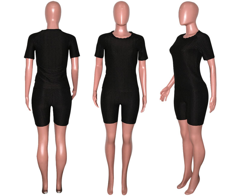 Short Sets Women 2 Piece Outfits, Textured Tracksuit Short Sleeve Tops Shorts Summer Workout Set X-Large 1-black - BeesActive Australia