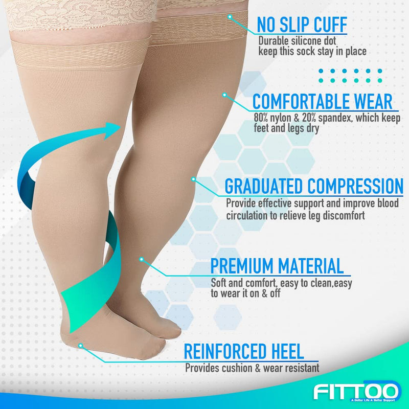 FITTOO 4XL Compression Socks Thigh High Stockings, 20-30mmHg Graduated Compression Socks Plus Size for Tired, Aching Legs Fatigue & Varicose Vein Relief, Sport, Wide Calf Ankle Sock Open & Closed Toe Beige-Closed Toe Large (1 Pair) - BeesActive Australia