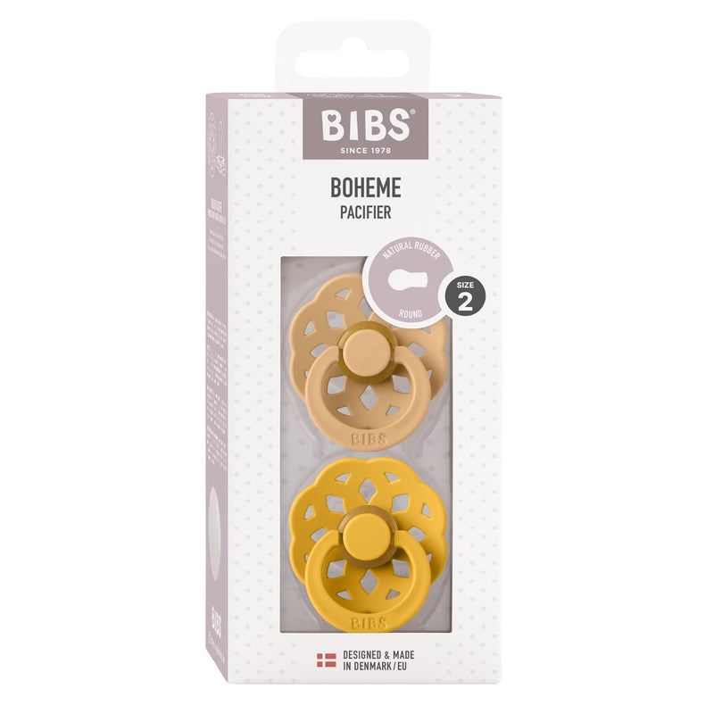 BIBS Boheme Pacifiers 2 Pack BPA Free Cherry Shape Nipple Natural Rubber Latex Made in Denmark | Sand/Honey Bee - BeesActive Australia