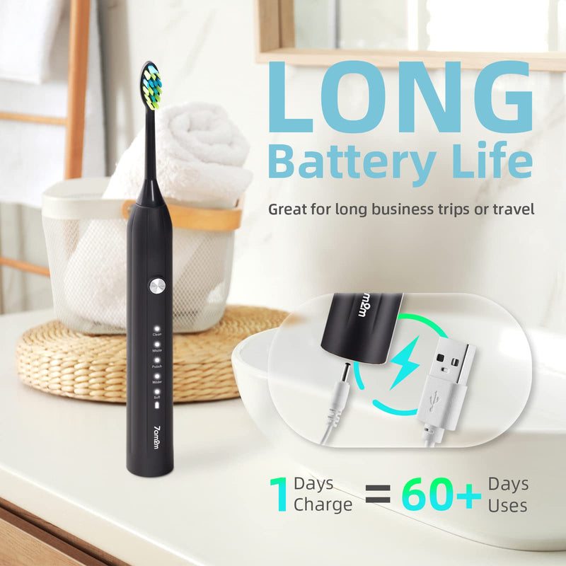 7AM2M Sonic Electric Toothbrush for Adults and Kids, One Charge for 90 Days, with 6 Brush Heads, 5 Modes with 2 Minutes Build in Smart Timer, Roman Column Handle Design (Black) No Travel Case Black - BeesActive Australia