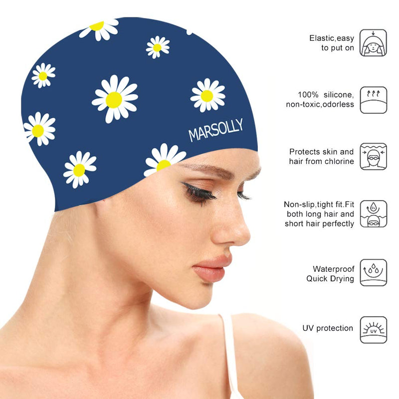Marsolly Silicone Swim Cap for Women, Waterproof Long Hair Swimming Caps with Flower Printed Navy - BeesActive Australia