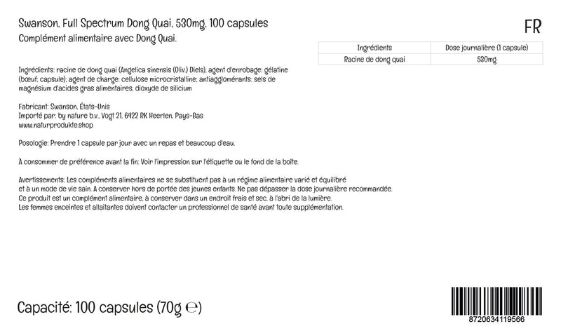 Swanson, Full Spectrum Dong Quai Root, 530mg, 100 Capsules, Lab-Tested, Soy Free, Gluten Free, Non-GMO - BeesActive Australia