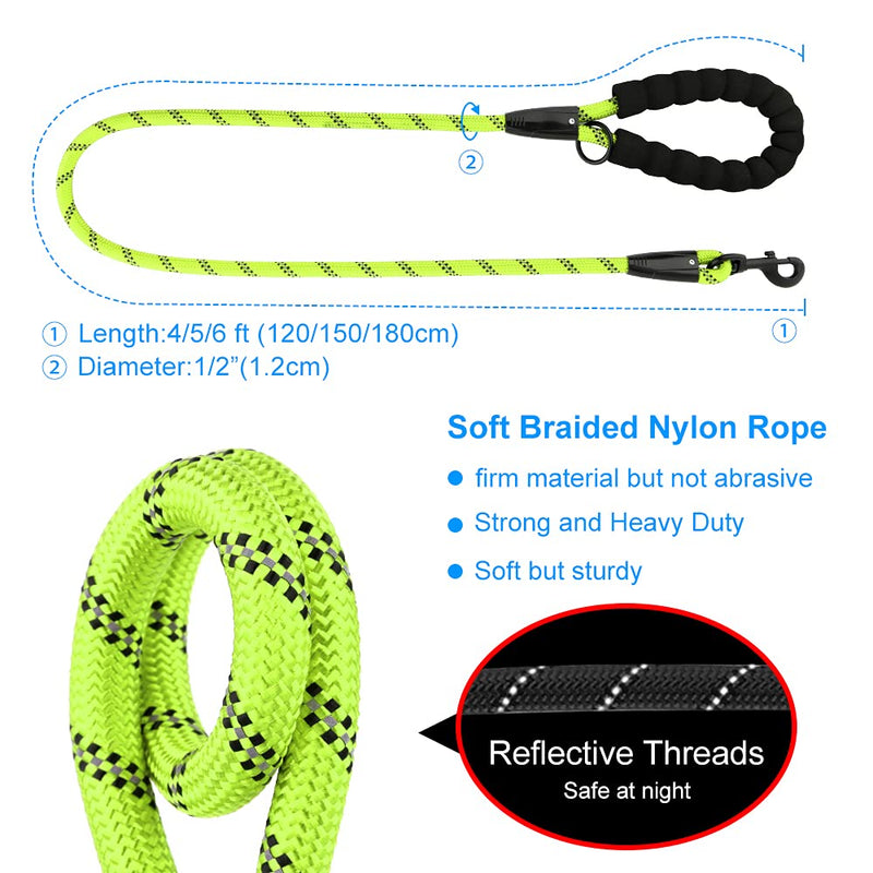 Plutus Pet Heavy Duty Rope Dog Leash with Comfortable Padded Handle, Highly Reflective Strong Sturdy 4/5/6 FT Dog Leash for Small Medium Large Dogs 1/2"×4' GREEN - BeesActive Australia