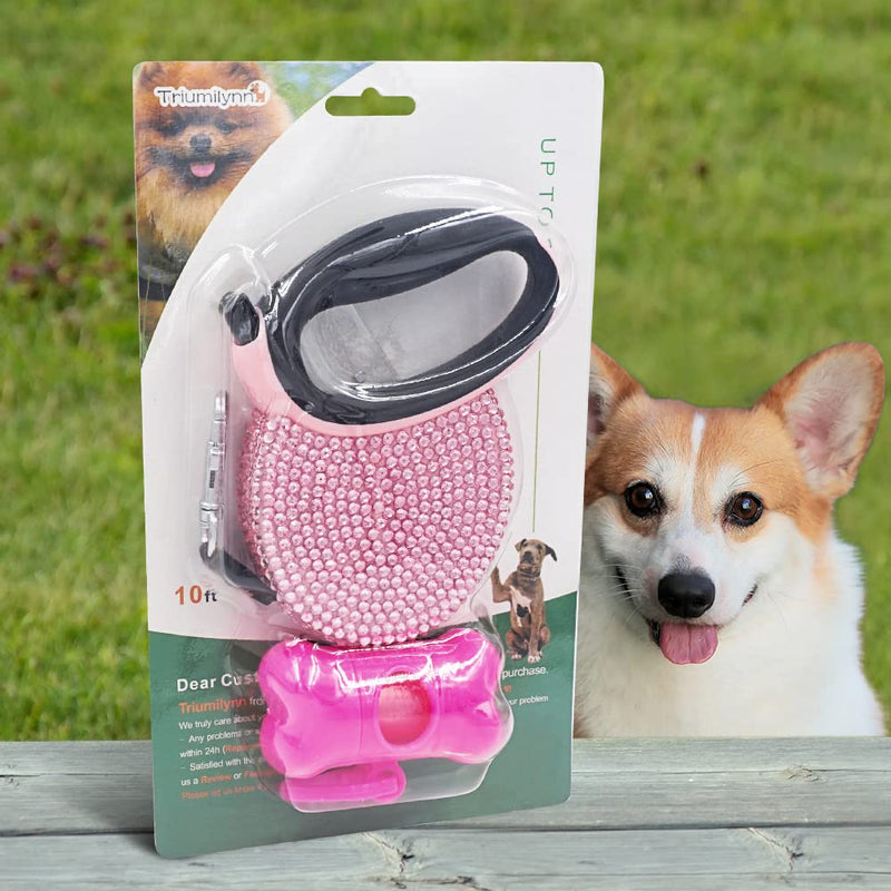 Triumilynn Rhinestone Retractable Dog Leash Bling 10ft, Cat Walking Leash Pink for Small Breed, Gift Waste Bags Dispenser Included, 360° Tangle-Free - BeesActive Australia