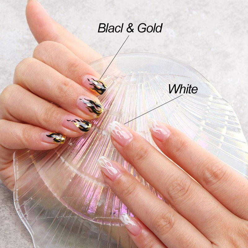 4 Sheets Flame Nail Art Stickers 3D Fire Flame Nail Decals Nail Art Supplies Adhesive Nail Foils White Black Silver Gold Flame Nail Sticker for Acrylic Nails Design Nail Vinyls Stencil Accessories - BeesActive Australia