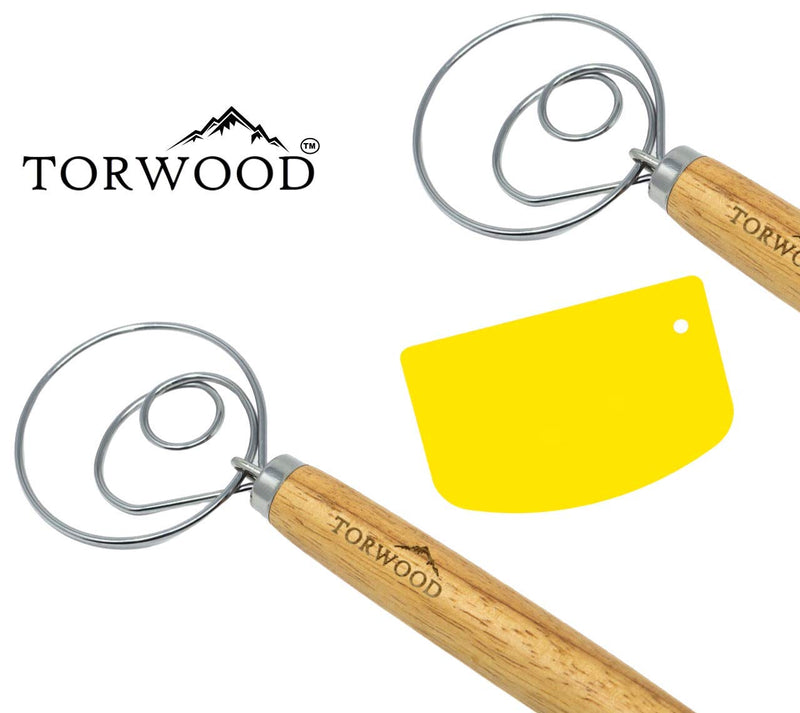2 Pack Danish Dough Whisk Large 13.5 inches Torwood Stainless Steel Wooden Dutch Style Hook for Baking, Loaves, Pastries and Pizza, comes with a Dough Scraper 2 - BeesActive Australia