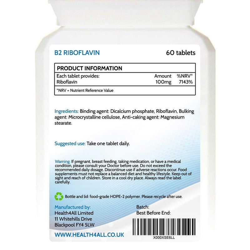 Vitamin B2 Riboflavin 100mg 120 Tablets . Migraine Support, Stress and Energy. Vegan. Made by Health4All 120 Count (Pack of 1) - BeesActive Australia