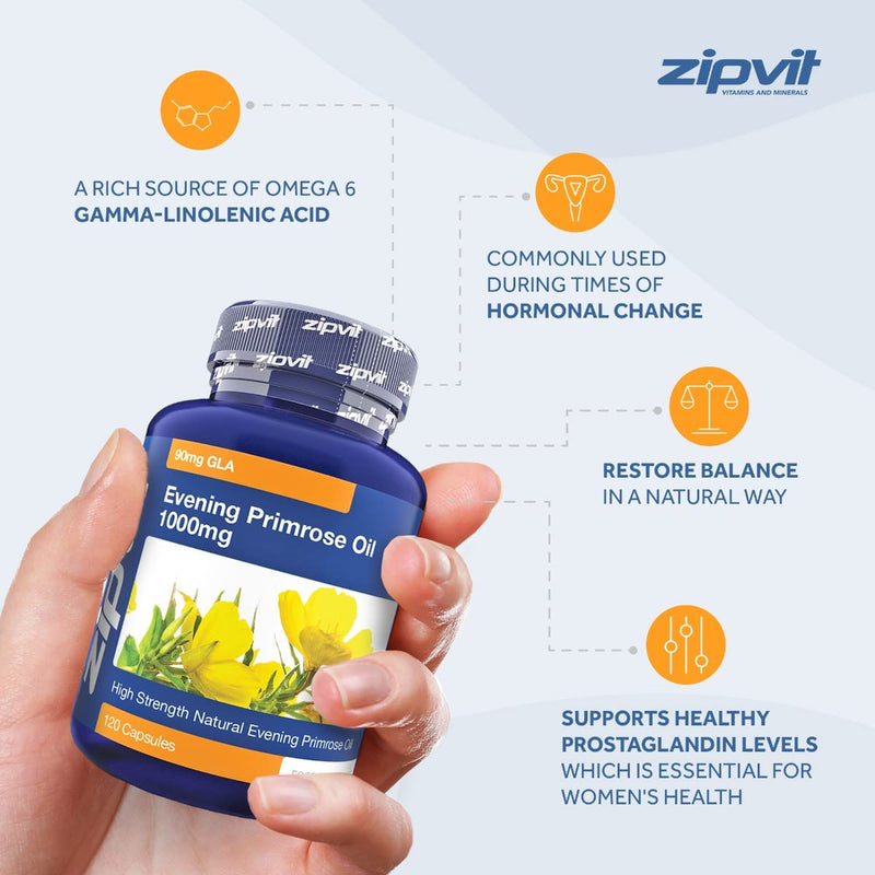 Zipvit Evening Primrose Oil 1000mg, 120 Capsules. Omega 6 90mg. Linoleic Acid 650mg. Supports Maintenance of Normal Blood Cholesterol. 4 Months Supply. UK Supplier. Jar of 120 Softgel Capsules - BeesActive Australia
