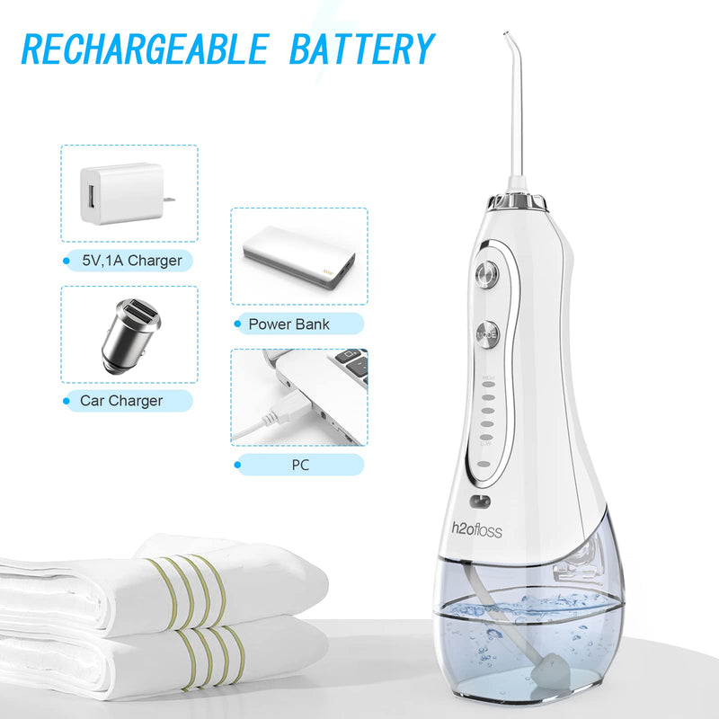 H2ofloss Water Flosser Portable Dental Oral Irrigator with 5 Modes, 6 Replaceable Jet Tips, Rechargeable Waterproof Teeth Cleaner for Home and Travel -300ml Detachable Reservoir (HF-6) - BeesActive Australia