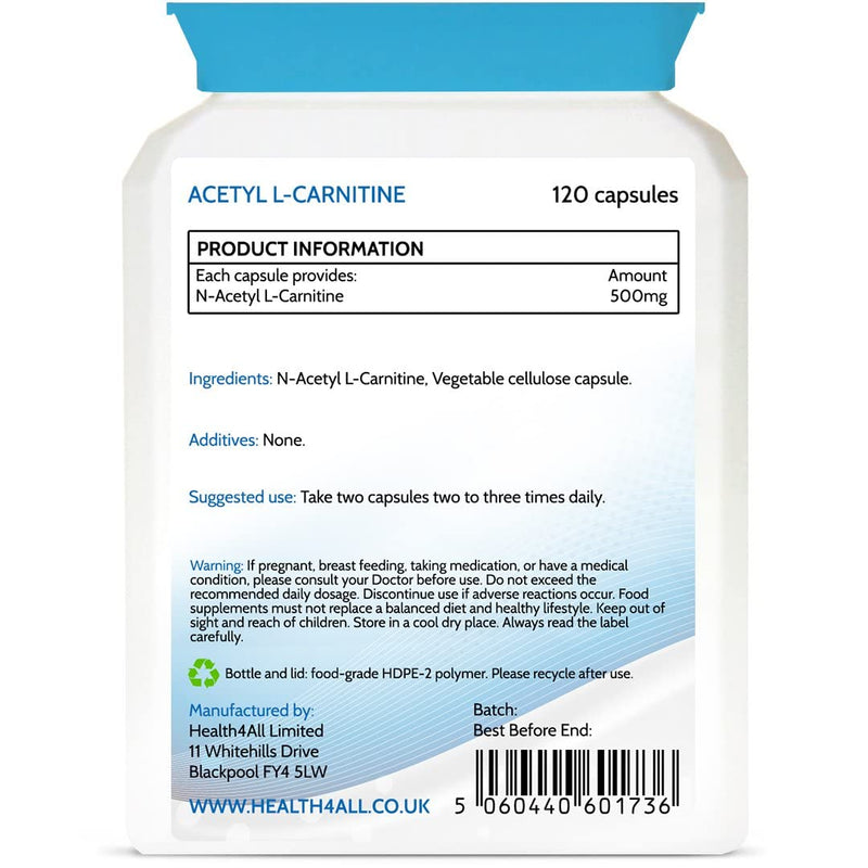 Acetyl L-Carnitine ALCAR 500mg 120 Capsules (V) Purest: no additives. Vegan. Made in The UK by Health4All 120 Count (Pack of 1) - BeesActive Australia