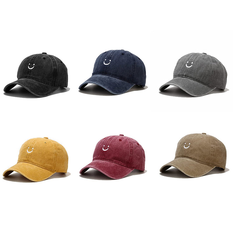 Smile Face Baseball Cap Vintage Distressed Low Profile Unstructured Cotton Dad Hat Adjustable for Women Men Grey - BeesActive Australia