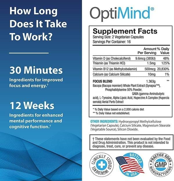 Optimind Nootropics Brain Booster Supplement | Enhance Focus and Cognition, Improve Retention, Sustain Energy | Clinically Studied Ingredients, Bacopa, Tyrosine, Huperzine A, GABA - 1 Bottle (32 Ct) 32 Count (Pack of 1) - BeesActive Australia