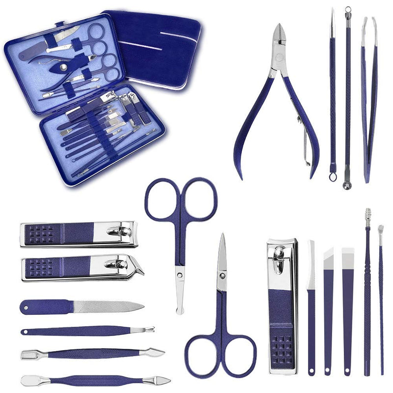 Manicure Set Professional Nail Clippers - 18 in 1 Nail Kit Grooming Kit High Stainless Steel Nail Kit Cutter Nail File Sharp Nail Scissors and Clipper Fingernails with Portable Stylish Case (Blue) Blue - BeesActive Australia