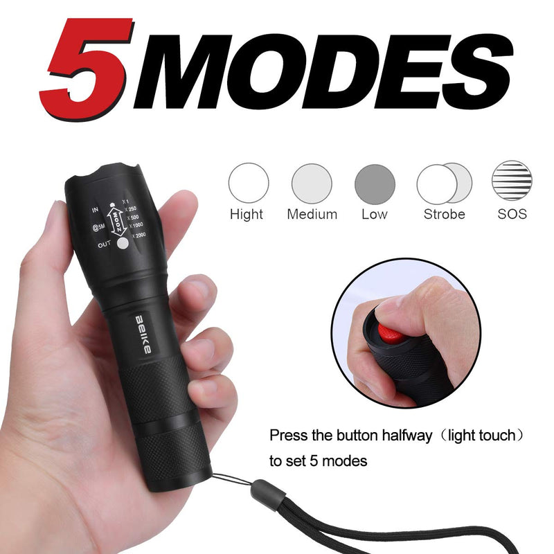 Beike 2 Pack LED Tactical Flashlight (Batteries Included) - 5 Modes, High Lumen, Zoomable, Water Resistant, Handheld light for Camping, Hiking, Outdoor, Emergency - BeesActive Australia