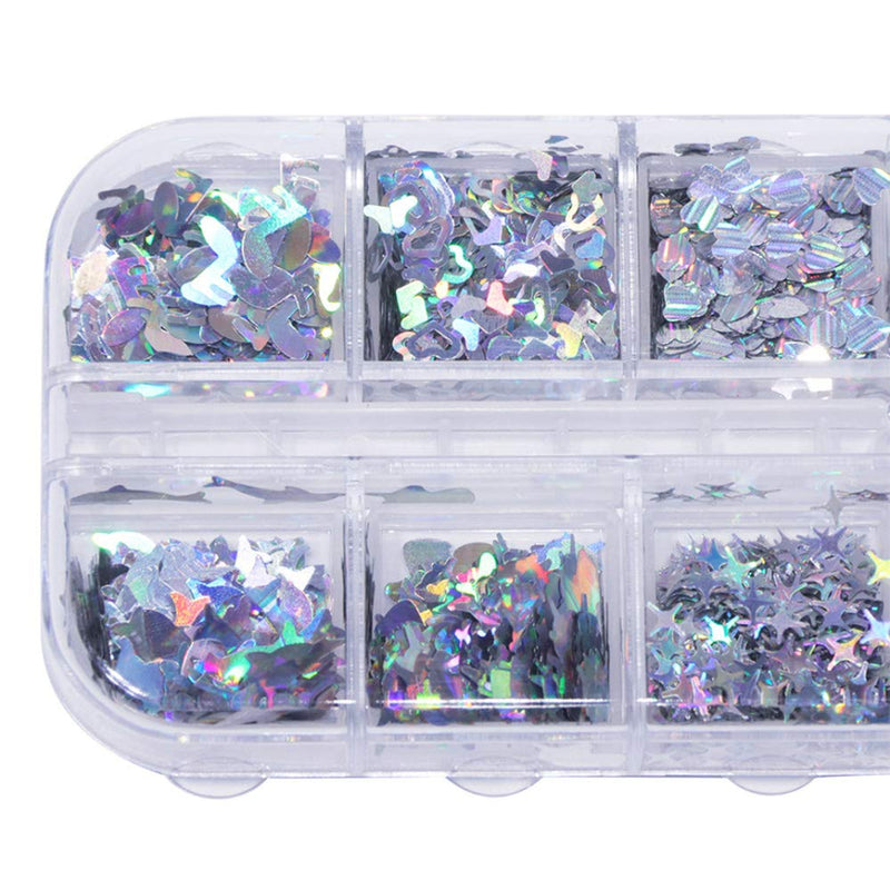 Holographic Nail Art Glitter Sequins Nail Art Supplies Flakes 12 Grids Laser Silver Nail Decals 3D Butterfly Nail Glitters Star Heart Unicorn Nail Art Sticker Confetti for Acrylic Nails Decorations - BeesActive Australia