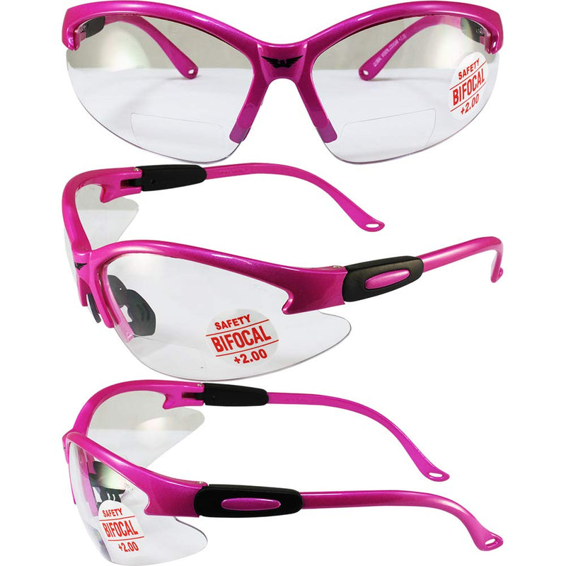 Global Vision Cougar Safety Glasses Hot Pink Frame 2.0x Magnification Bifocal Clear Lens - BeesActive Australia