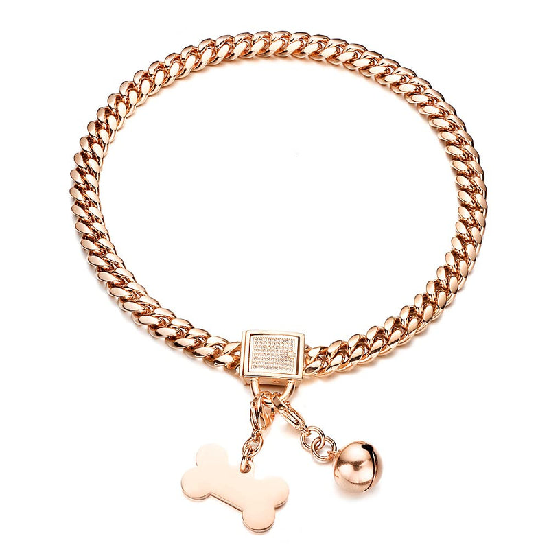 Aiyidi Rose Gold Dog Chain Collar with CZ Design Buckle Stainless Steel Metal Cuban Link Chain Collar for Dog Boys Girls Bling Collars with Dog Tag Bell Training Walking Collar Chain wide: 10mm 10inches(Fits dog's neck 8''-9.5'') - BeesActive Australia