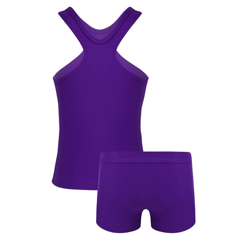 iEFiEL Girls Gymnastics Dance Crop Tank Top with Shorts Set for Athletic Booty Short Swimming Swimwear Purple Racer 10 - BeesActive Australia