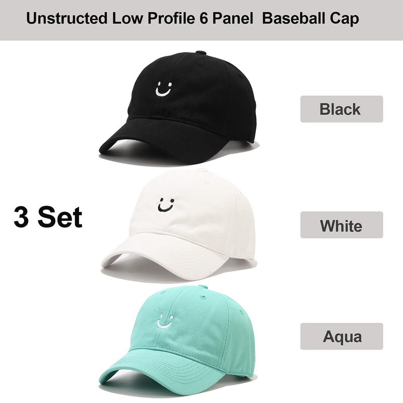 Umeepar 3 Pack Smiley Face Cotton Baseball Cap Adjustable Low Profile Unstructured Dad Hat for Women Men Black White, Aqua - BeesActive Australia