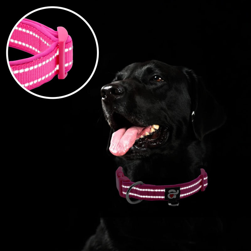 azuza Reflective Dog Collar, Soft Neoprene Padded Pet Collar with ID Tag Ring, Adjustable for Small to Large Dogs Medium (Pack of 1) Hot Pink - BeesActive Australia