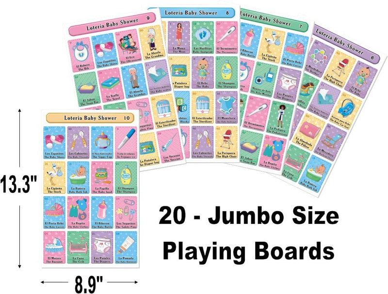 MoreFiesta Jumbo Size Baby Shower Loteria Bingo - Bilingual English Spanish, for up to 20 Players, Multicolored - BeesActive Australia