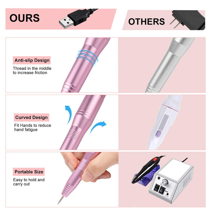 COSITTE Electric Nail Drill, USB Electric Nail Drill Machine for Acrylic Nails, Portable Electrical Nail File Polishing Tool Manicure Pedicure Efile Nail Supplies for Home and Salon Use, Pink - BeesActive Australia