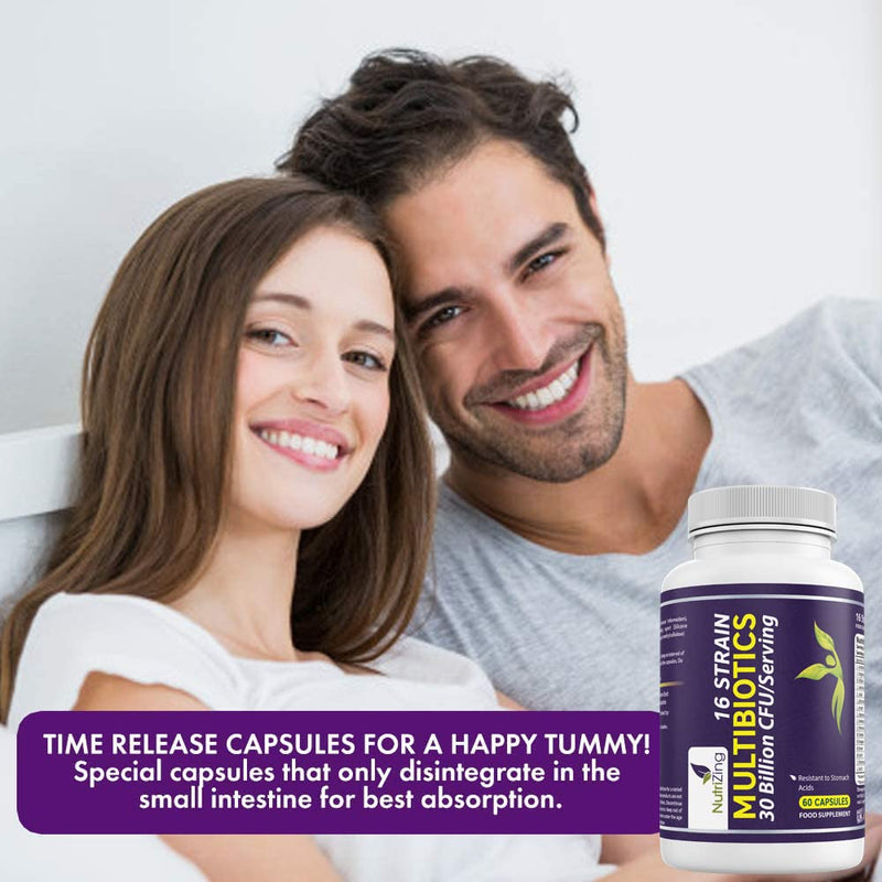 BioCultures Complex - 16 Live Strains with 30 Billion CFU/Serving Source Powder - Vegan Time Release Capsules. With Lactobacillus Acidophilus and Bifidobacterium - Made in UK by Nutrizing - BeesActive Australia
