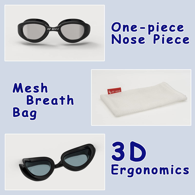 BENICE Kids Swim Goggles, Anti Fog Swimming Goggles No Leaking Kids Goggles for Boys Girls(Age 6-14) Black Frame& Silver Lens - BeesActive Australia