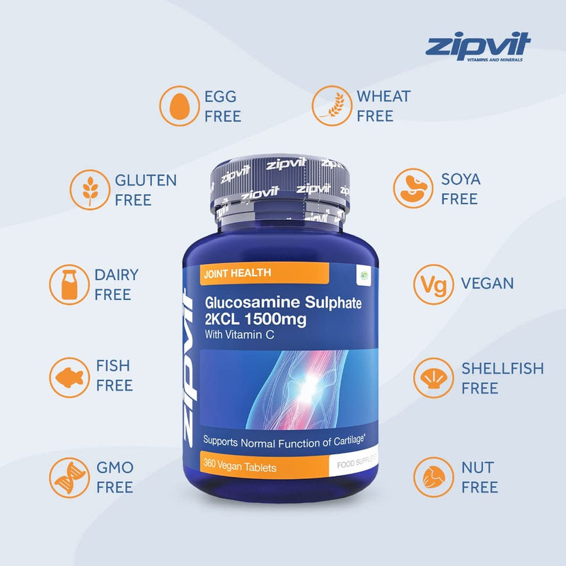 Glucosamine Sulphate 2kcl 1500mg with Vitamin C, 360 Vegan Glucosamine Sulphate Tablets. Maintains Normal Joint Cartilage. 12 Months Supply Glucosamine Sulphate 1500mg. UK Supplier. 1500mg Glucosamine 360 Tablets - BeesActive Australia