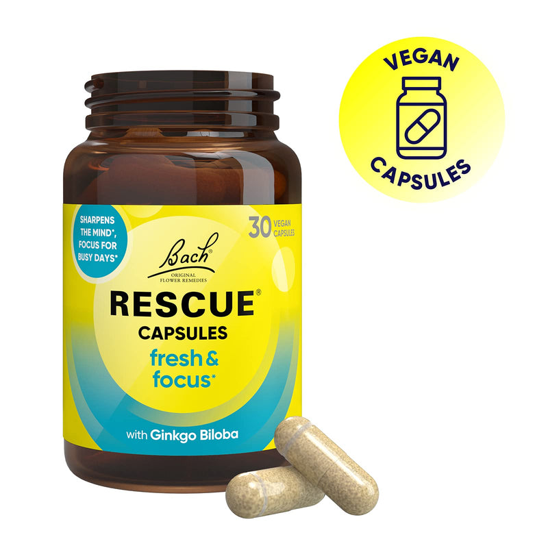 Rescue Fresh and Focus Capsules (30 Day Supply) Ginkgo Biloba, Omega 3 DHA, Vitamin B5, Flower Essences, Vegan Capsules, Sharpens the Mind for Focus - BeesActive Australia