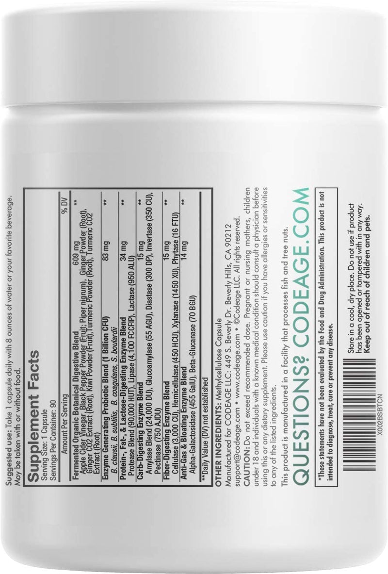 Codeage Fermented Digestive Enzymes Supplement - Probiotics, Prebiotics, Vitamins - Stomach & Food Enzyme - Amylase, Lipase, Lactase - Plant Based, Vegan, Non-GMO - 3 Months Supply - 90 Capsules - BeesActive Australia