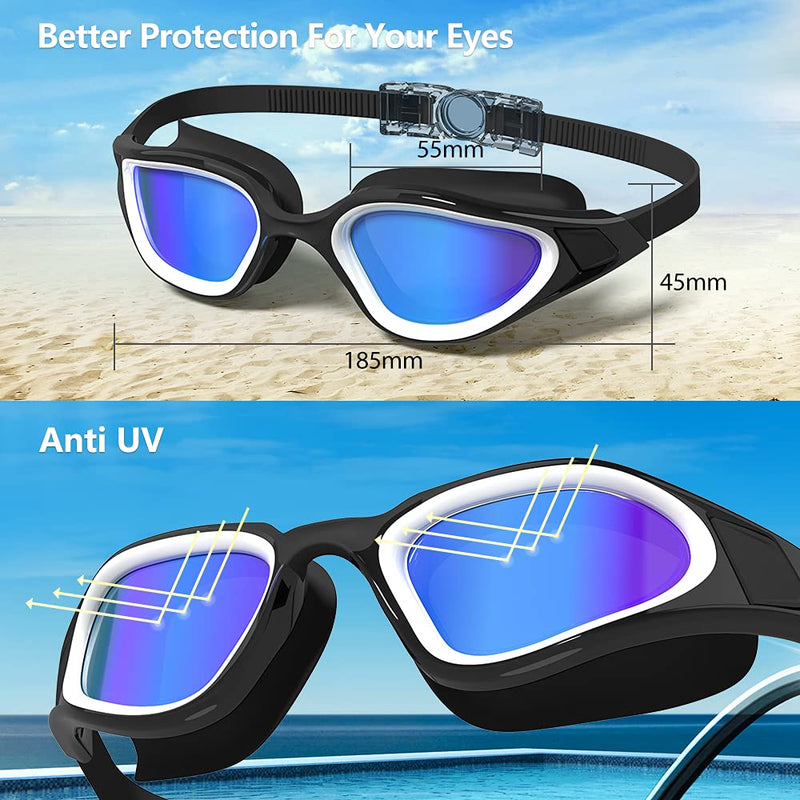 Polarized Swim Goggles，COPOZZ Mirror/Clear Swimming Water Goggles for Adult &Youth White Frame Blue Lens - BeesActive Australia