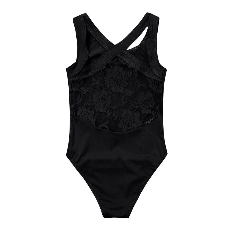 easyforever Kids Girls Sleeveless Floral Lace Criss Cross Back Ballet Dance Leotard Gymnastic Sport Jumpsuit Dancewear Black 4 - BeesActive Australia