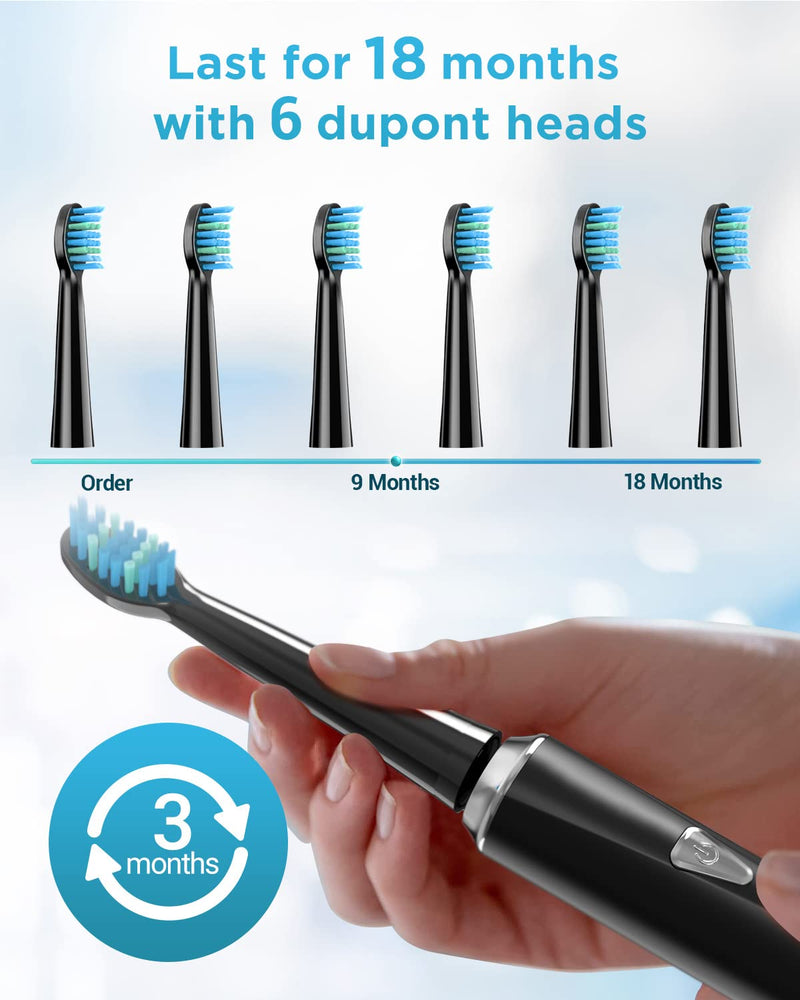 Electric Toothbrush Rechargeable Sonic Toothbrushes for Adults with 5 Brushing Modes and 6 Tooth Brush Replacement Head, 120 Days of Use with 3-Hour Fast Charge, Smart Timer and Deep Cleaning Black - BeesActive Australia