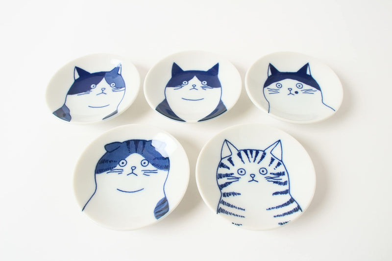 Mino ware Japanese Ceramics Mini Plate/Dish Set of 5 Five Cat Faces White & Blue made in Japan (Japan Import) GBS001 - BeesActive Australia