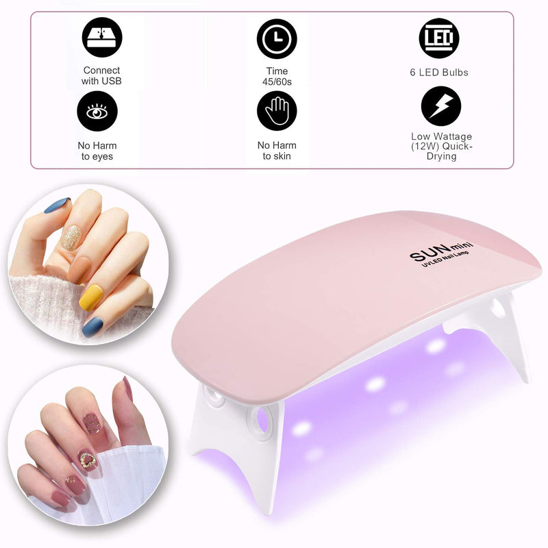 Mini UV LED Nail Lamp - MEINV Portable 6W Nail Dryer Curing Lamp, Mouse Shape Pocket Size USB Cable Gel Light for Regular Nail Polish with 45s/60s Timer Setting（Pink） Pink - BeesActive Australia