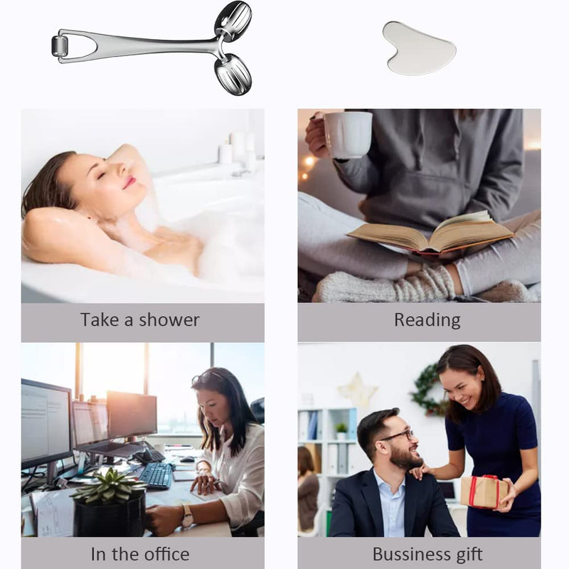 Face Massager, Metal Face Roller Gua Sha Massage Tool for Face Neck Eye Body Skin Care, Facial Roller for Women JHY-FMR-2-steel - BeesActive Australia