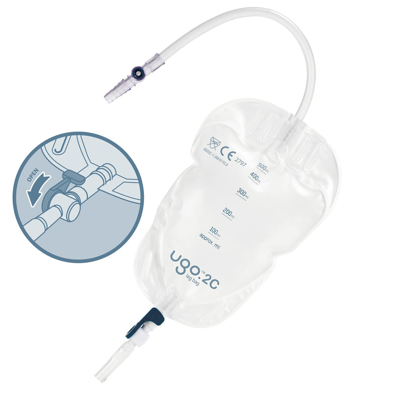 Ugo Leg Bags (x10) – Urine Drainage Bags/Catheter Leg Bags, T Tap or Lever Tap with Soft Fabric Backing and a Natural Leg-Shape Design, Leg Bag for Men and Women (5C - 350ml, Direct Inlet, Lever Tap) 2C - 500ml, Long Tube, Lever Tap - BeesActive Australia