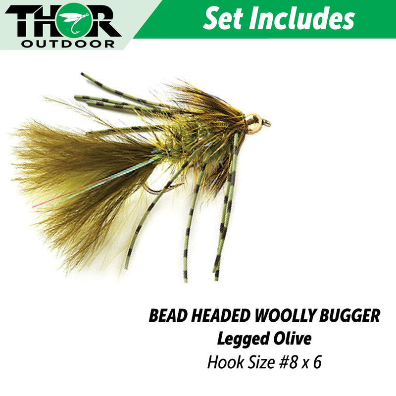 Thor Outdoor BH Woolly Bugger Streamer Fly - 6 Pc Fly Fishing Set – 1/2 Dozen Wet Flies for Trout, Panfish, and Bass Legged Olive - Size #8 - BeesActive Australia