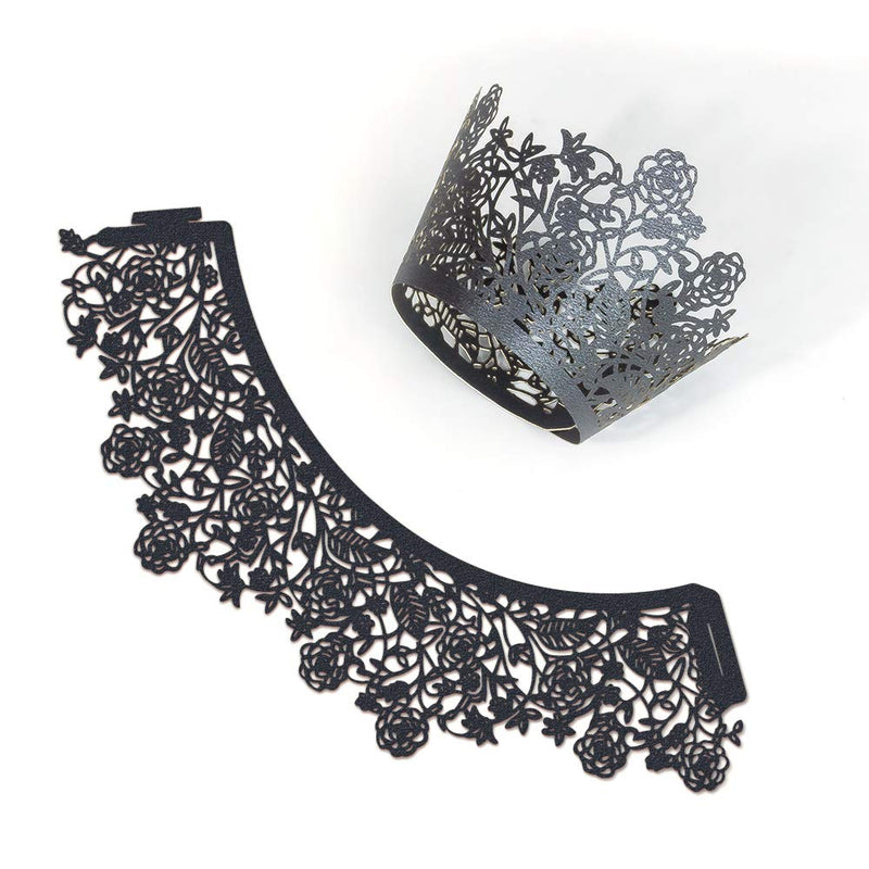 YOZATIA 60pcs Black Rose Lace Cupcake Wrappers Holders, Laser Cut Cupcake Liners Decorative Liners for Wedding Party Birthday Cake Decoration Supplies - BeesActive Australia